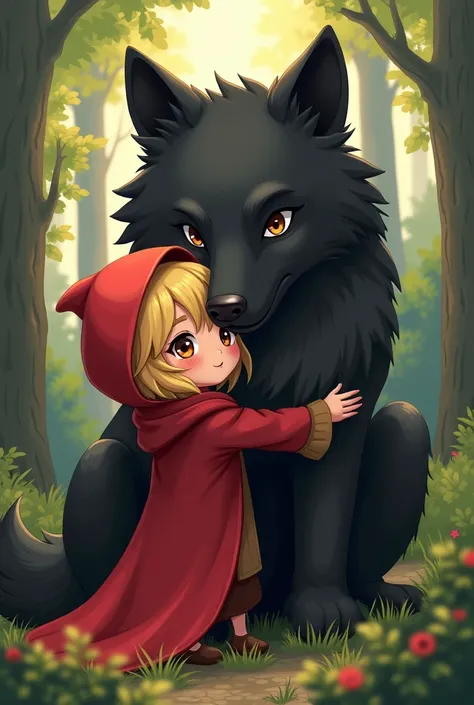 Chaperon rouge cheveux blond kawai fait un calin au gros loup noir