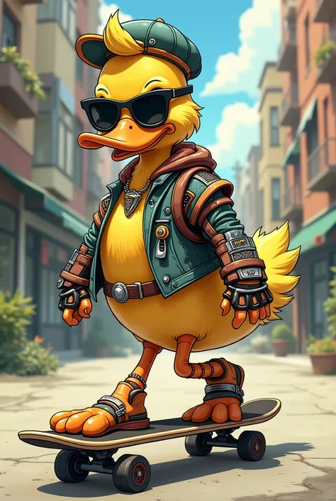 artoon duck with sunglasses and a hat walking with a skateboard, subject= duck, kathy zyduck, the macho duck, illustration of a duck, duck, inspired by Jacob Duck, detailed duck, armored duck, duck shoes, scientist is a duck, quackery, robocop duck, Donald...