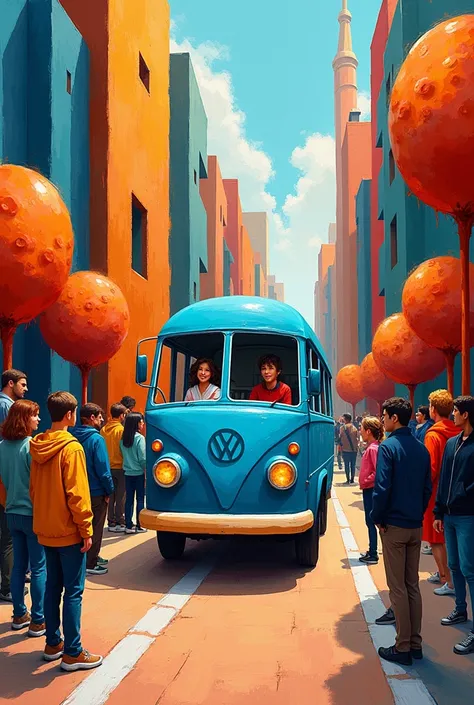  An expressionist and colorful scene that shows a group of people waiting in an urban location for a vehicle known as a donkey,  that functions as internal transport .  The whereabouts are surrounded by abstract landscapes ,  combining modern buildings and...