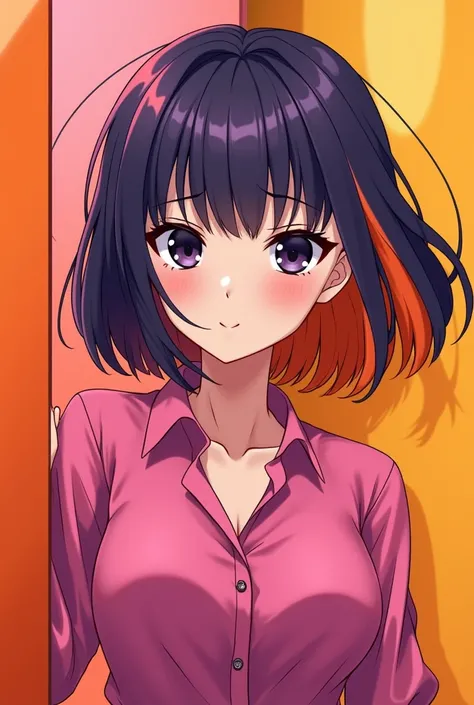  A woman with black eyes purple hair border orange hair background with a pink blouse anime version orange hair set