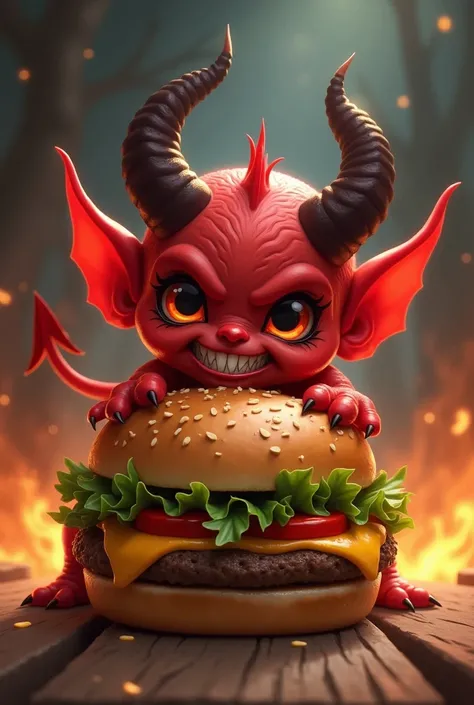 A little devil eating hamburgers 