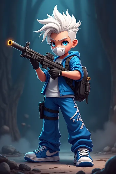  Create a person with white hair , White mouth cover , blue shirt,  blue pants with white and black parts , and blue sneakers with black , with a firearm in his hands animated cartoon style with a dark Free Fire game background
