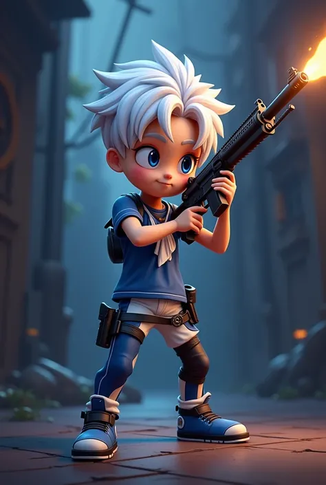  Create a person with white hair , white handkerchief , blue shirt,  blue and white pants with black parts, and blue sneakers with black , with a firearm in his hands animated cartoon style with a dark Free Fire game background

