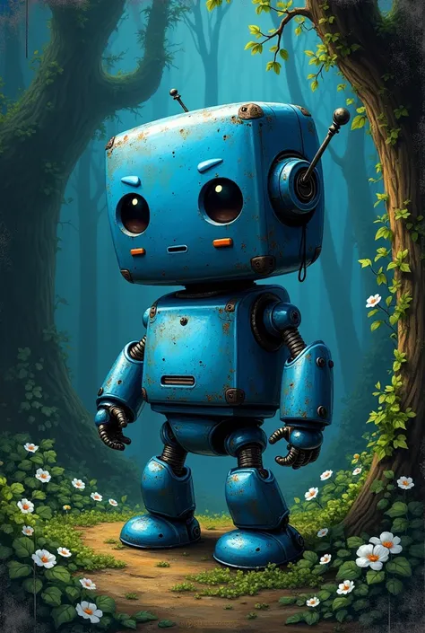 create an image of an extreme close-up side perspective of an endearingly eccentric blue robot, distinguished by its dented square-shaped head, purposefully positioned off-center. This artwork should embody a weathered painting style, showcasing drips and ...