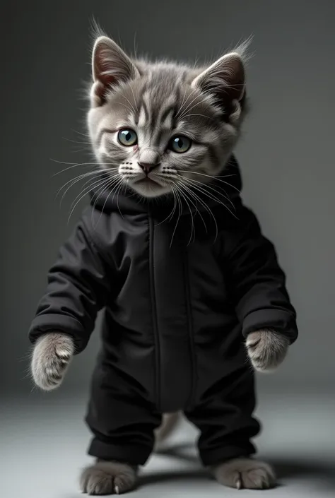 
 A portrait of a cute gray kitten in black metalhead clothes, with a serious face,   standing on its hind legs  , with a professional studio light ,  photographed with a Canon EOS-1D X Mark III , 50mm diameter/1.4 lenses