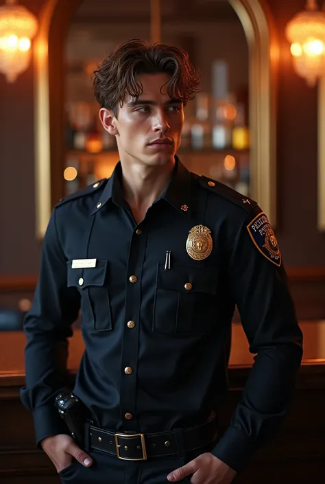  Man Kyle Allen 23 years old ,  short wet wavy light brown hair, Is in a luxurious bar , Hes wearing a sexy and sexy police costume,  dynamic poses  