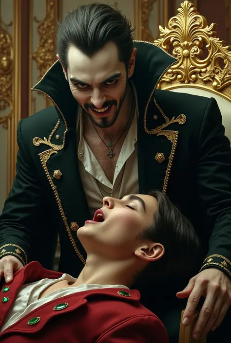 A vampire King biting his human servant Carlos inside his gold-covered palace, silver and emeralds . 