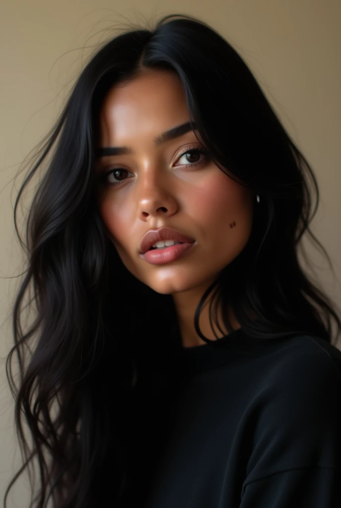  20-year-old Peruvian woman of black skin color black eyes skin with acne thick nose brown and elongated lips long wavy black hair bvd beige with black sweater, with a mole on the left cheek next to the lip 
