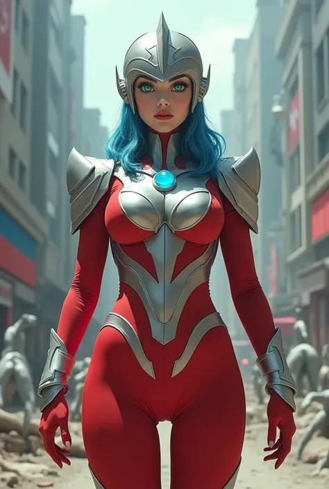 Full body image, standing, Princess Zelda giant, (red with silver costume:1.5), as Ultraman, immensely large breasts1, very tight body suit, heavy makeup on her face, light blue jewel on the breastplate, helmet on head, red lipstick on her mouth, (she gree...