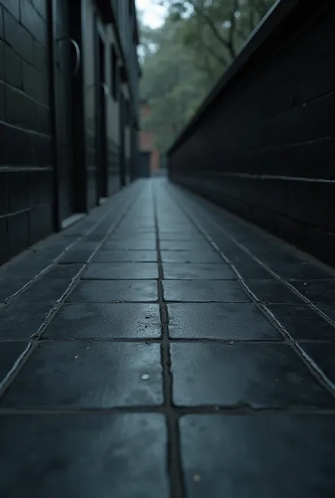 Dark ceramic tile floor in the foreground tilted upwards close to the screen 