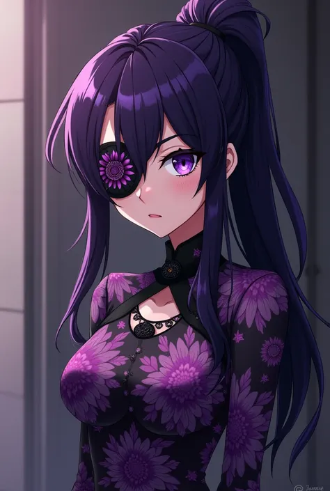 Girl in anime style from My Hero Academia , Villain, con un ojo de color purple y el otro cubierto por un parche en forma de flor dahlia,  serious expression , pelo purple oscuro recogido en una coleta larga, Dress with floral print, purple,  black and whi...