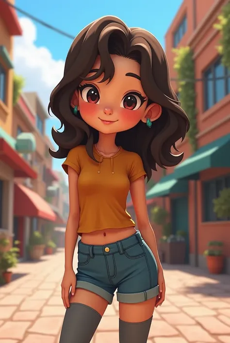 A 20-year-old character had dark brown wavy hair,  eyes in the same placement and fluffy cheeks . cute face,  her clothes are very tight , She has to be full body ,  She is a bit chubby . Its feature is like a CGI animation from Teenage Mutant Ninja Turtle...