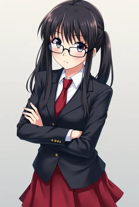 (masterpiece, best quality:1.2), cowboy shot, solo, 1girl, kisaragi saya, expressionless, closed mouth, looking at viewer, crossed arms, twintails, glasses, school uniform, red skirt