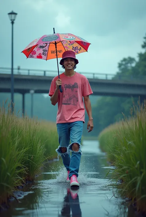 A handsome Korean man smiles ,  wearing a bucket hat full of colorful graffiti doodle,  wearing a pink shirt ,  torn denim trousers and pink vans sneakers , carrying an open umbrella covering himself from the rain ,  the man was walking among the very tall...