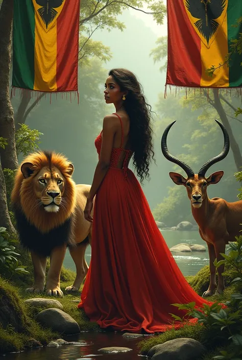 Une belle femme dans le nature entourée avec des drapeaux africains accompagnés ave des jolie animaux rare