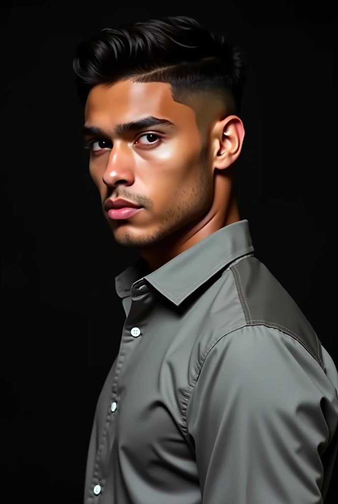  stuffy image of a man wearing a gray blouse and a black background, Digital Art inspired by LaMelo Ball,  On the rise in personal development , Digital Art, Zayn Malik, aggressive look fixed on the camera , perfect face and boy, Arian Mark, threatening lo...