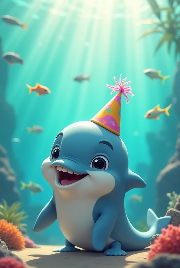 Cute animated dolphin wearing a party hat 