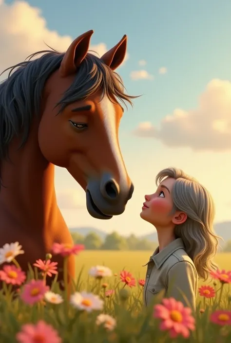 	• Picture 2 : Close-up of the brown horse relaxing ,  with a calm and happy look ,  while Vânia a gray-haired lady sings softly to him.  The scenery shows the open field and surrounding flowers.Disney Pixar style
