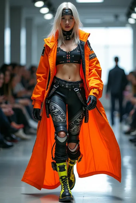  has platinum blonde hair with a headband, and wears a stylish, high-tech outfit with bold neon orange accents and black and white geometric patterns. The outfit features a cropped asymmetrical top, high-tech tactical pants with intricate details, and an o...