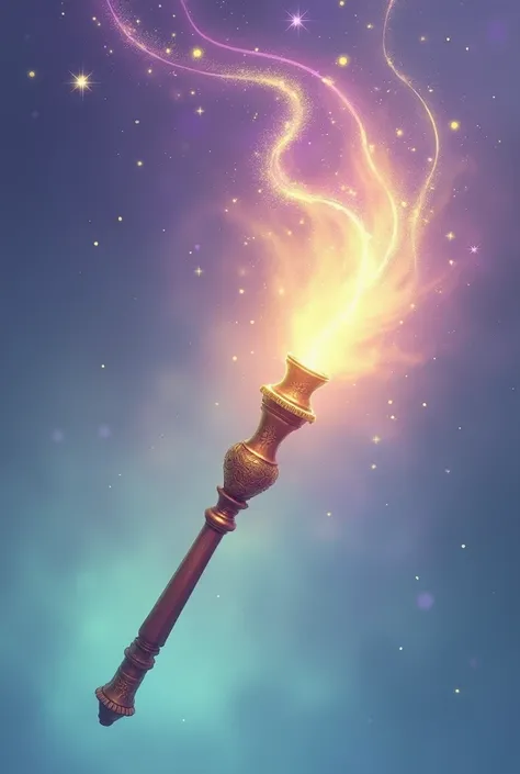 Create an illustration of a magical wand with a glowing, sparkling tip that leaves trails of light behind it, as if casting a spell. The wand should have an ornate, wooden shaft with intricate carvings, and the glowing tip should emit soft, colorful light ...