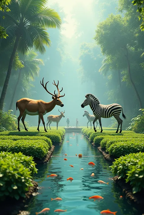 Hydroponic farming and animals(deers, zebra) or fish 