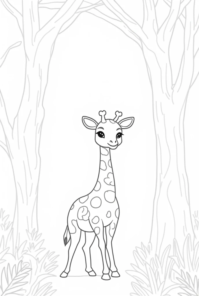 "Create a black-and-white illustration for a rens coloring book. The image should feature a baby giraffe in a forest setting. The baby giraffe and the forest background must both be in black and white, with bold, strong, and thick lines suitable for young ...