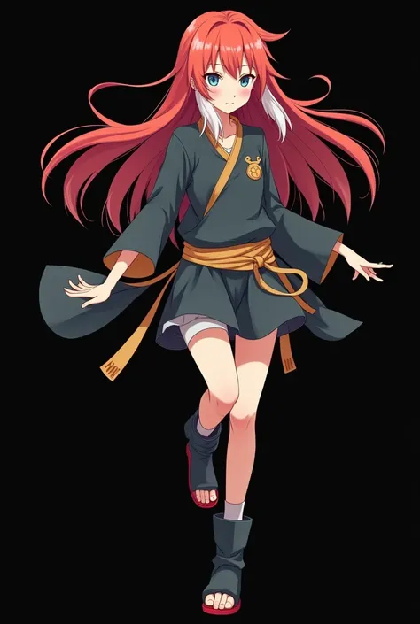 Female Character from Naruto ( FOURTEEN YEARS ).  full body . Made in anime style Naruto Shippuden .  straight fire-colored hair with two white locks highlighted on the front. The hair flying in the wind. loose hair. pale skin.  blue-green eyes . smile. a ...