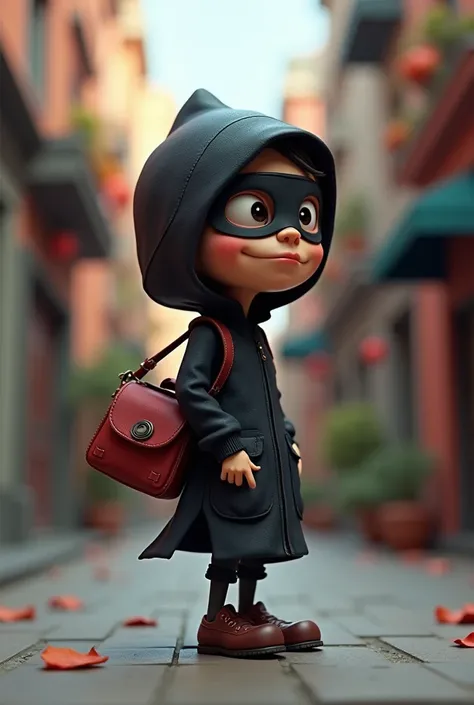 Cartoon thief with a masked shoulder bag in 3D