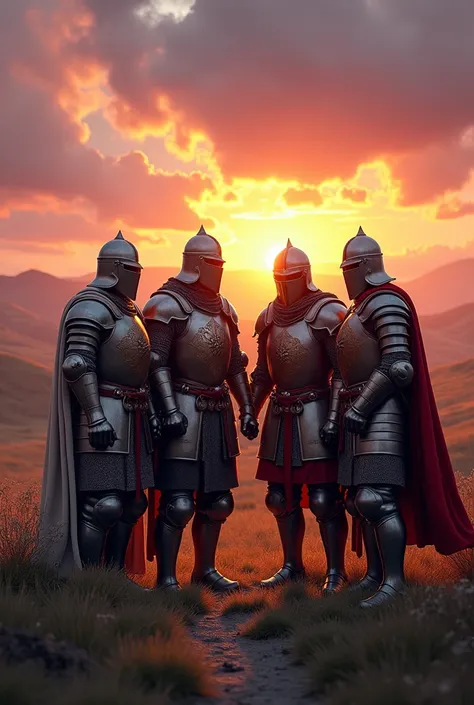 Four medieval warriors in armor and helmets partying in a landscape with sunset 