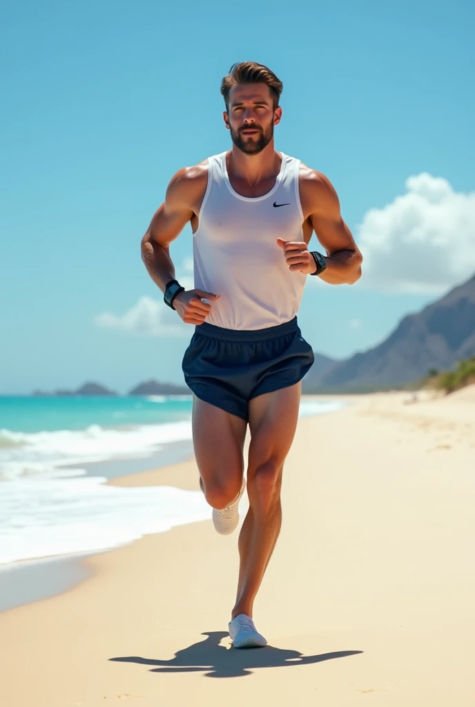 Realistic and modern image of a man running on a beach