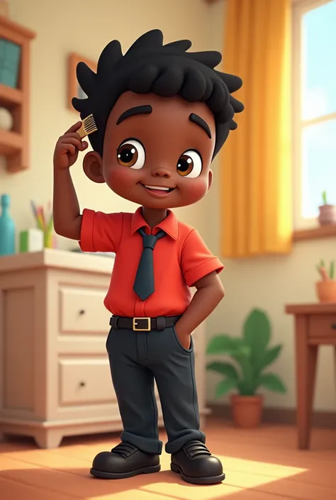 Consistent character  African cartoon boy, black short hair, light complexion, red shirt, black tie, black trousers, black shoes, combing hair at home, happy 