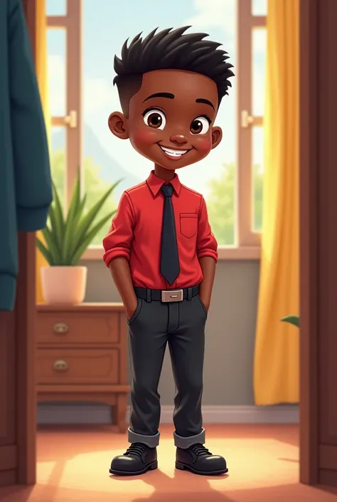 Consistent character  African cartoon boy, black short hair, light complexion, red shirt, black tie, black trousers, black shoes, dressing up for school at home, happy 