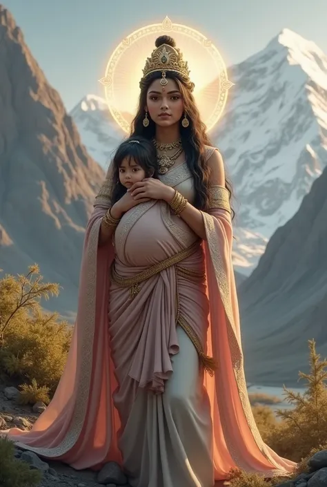 Goddess Parvati pregnant, taking care of a small little orphan  at Kailash 
