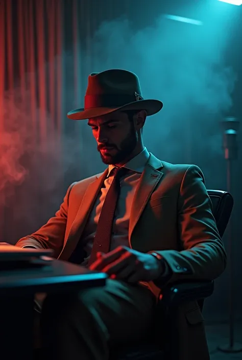 A man wears a light brown mens suit and a light brown hat Sitting in the office There is smoke and red and blue lighting
