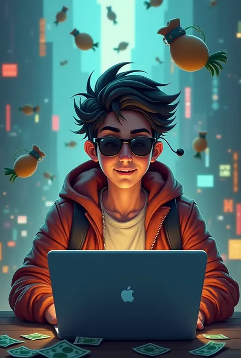 Um hacker usando notebook,  wearing smokers and dark glasses ,  create a technological scenario and place pouches of money everywhere scenario, Do the looking at me , Generate a friendly look and youthful appearance