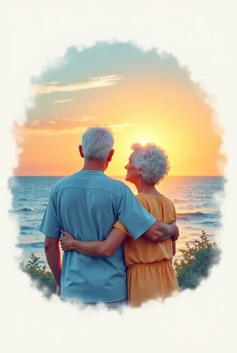 Create a logo for a nursing home with the colors white, blue and orange with two people, sea and sunset 
