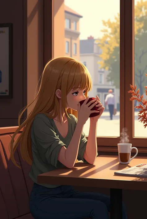 Blonde girl sitting in cafe drinking coffee her face is not visible 