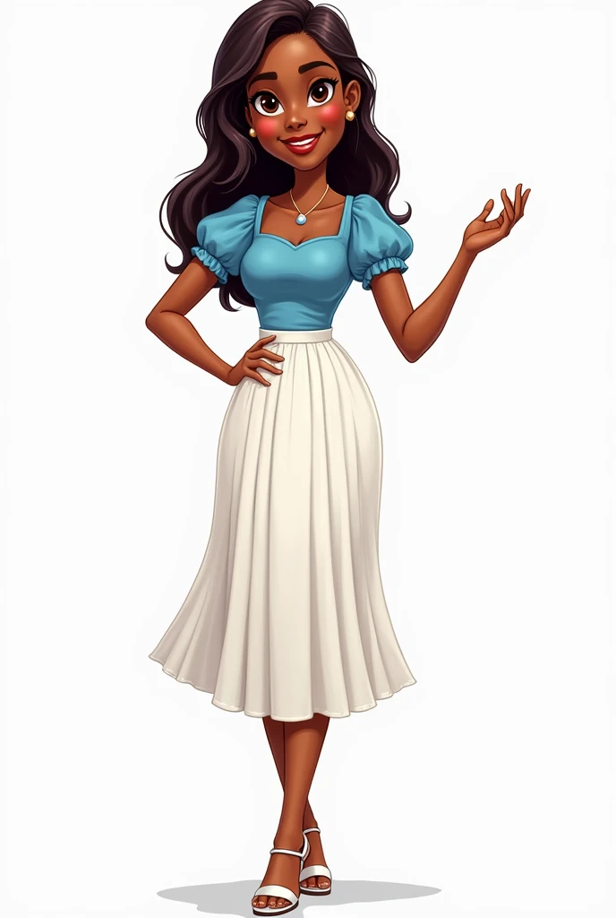  Here is the updated prompt with the additional description:

" Realistic cartoon style drawing of a black woman with medium skin tone,  long dark brown straight hair falling below the shoulders and oval face.  She has expressive brown eyes and a friendly ...