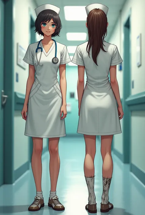  nurse one wearing clean clothes suitable for work and the other wearing unsuitable clothes grimy , tight open shoes behind and dirty and adorned 