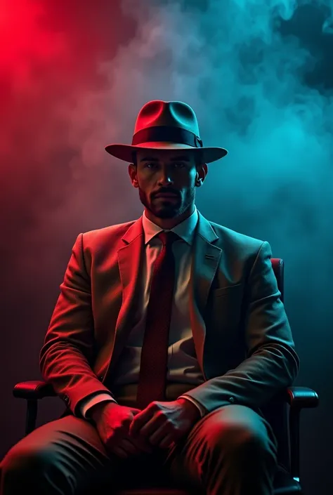 A man wears a light brown mens suit and a light brown hat Sitting in the office There is smoke and red and blue lighting And he looks at the camera
