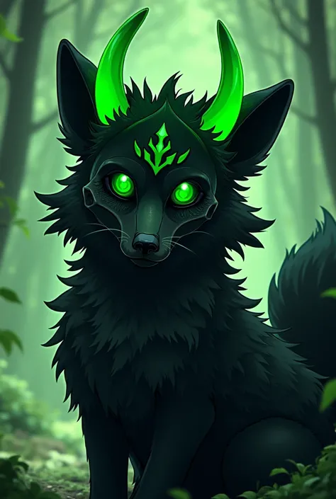 Furry was a fox ,  anime style,  anthropomorphic fox,  black and neon green fur , with neon green horns and a dog skull mask,  with a lot of fur ,  black sclera and green eyes 