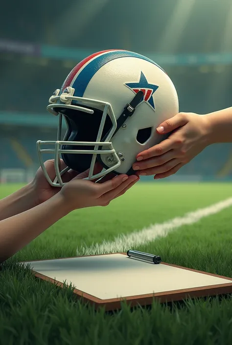  A story-shaped image of an American soccer helmet and an assistant drawing board on the floor of a soccer field

Put two hands touching the helmet, But without being able to see whose hands they are  