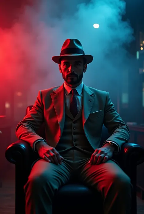 A man wears a light brown mens suit and a light brown hat Sitting in the office There is smoke and red and blue lighting And he looks at the camera
