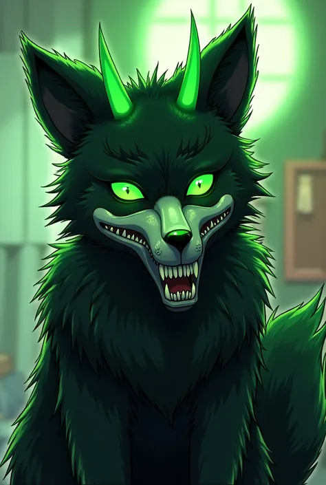 Furry was a fox ,  anime style,  anthropomorphic fox,  black and neon green fur , with neon green horns and a dog skull mask,  with a lot of fur ,  black sclera and green eyes , humanoid