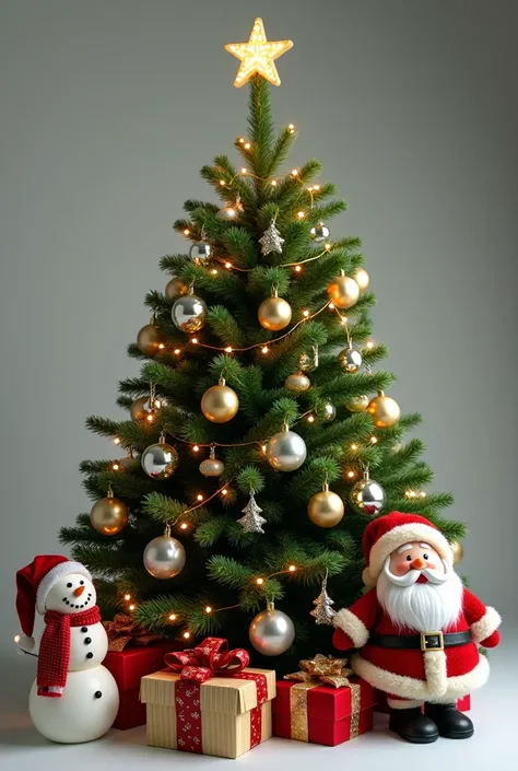 A Christmas tree  ,  with gold and silver spheres ,  on the left side a snowman ,  on the right side a Santa Claus and under the pine tree some Christmas presents, with Christmas lights and Christmas bows on the pine.