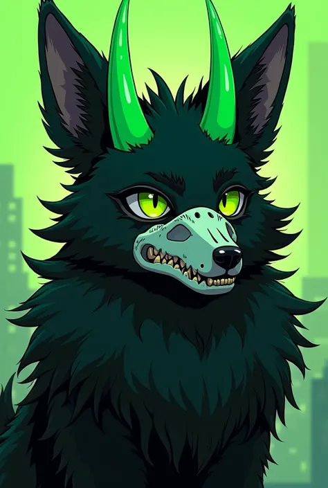 Furry was a fox ,  anime style,  anthropomorphic fox,  black and neon green fur , with neon green horns and a dog skull mask,  with a lot of fur ,  black sclera and green eyes , humanoid