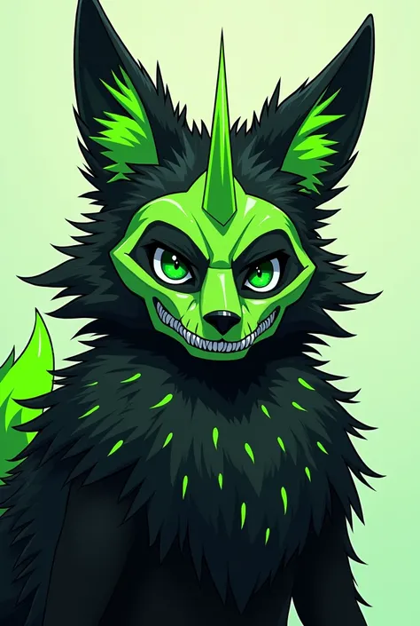 Furry was a fox ,  anime style,  anthropomorphic fox,  black and neon green fur , with neon green horns and a dog skull mask that covers his entire face,  with a lot of fur ,  black sclera and green eyes , humanoid