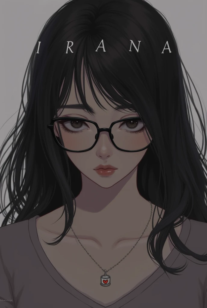 The girl with black hair is wearing glasses and has a necklace around her neck and half a cup on the necklace, let her write irana above the picture more prominent and with a heart on the necklace
Keep it very quiet.