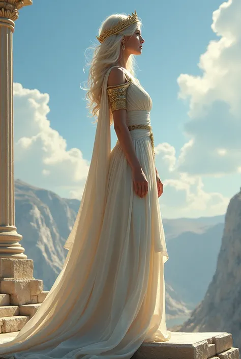 Pale  with platinum hair wearing a princess crown and Greek dress with delicate armor looking like this beautiful day is on top of a castle