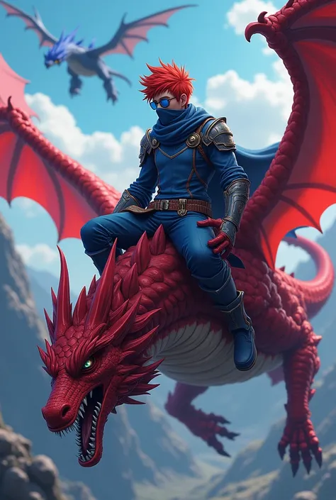  make a man with blue sports glasses in the anime RPG style  , And a dark blue mask covering your mouth ,  he is on top of a big red dragon and behind him flying there is a blue dragon ,  he has red and blue hair and a blue and red armor his look is asther...